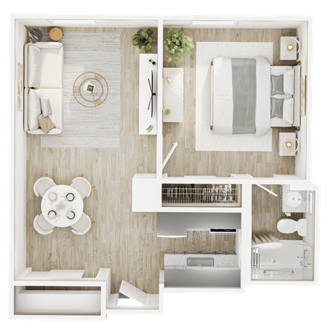 A top-down view of a small, neatly organized apartment with a bed, a desk, and a small kitchenette.
